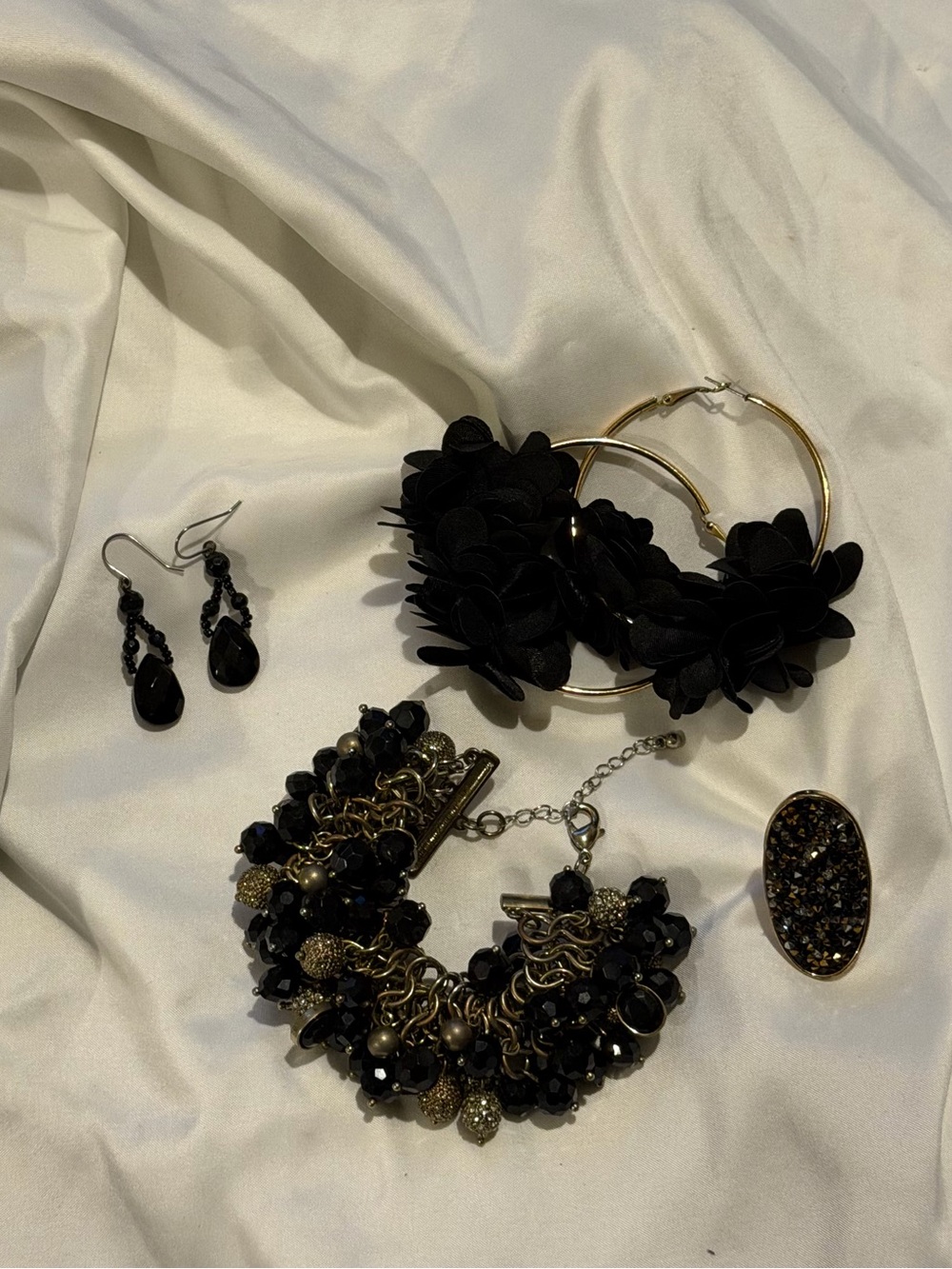 Gold and Black Floral Hoop Earrings by